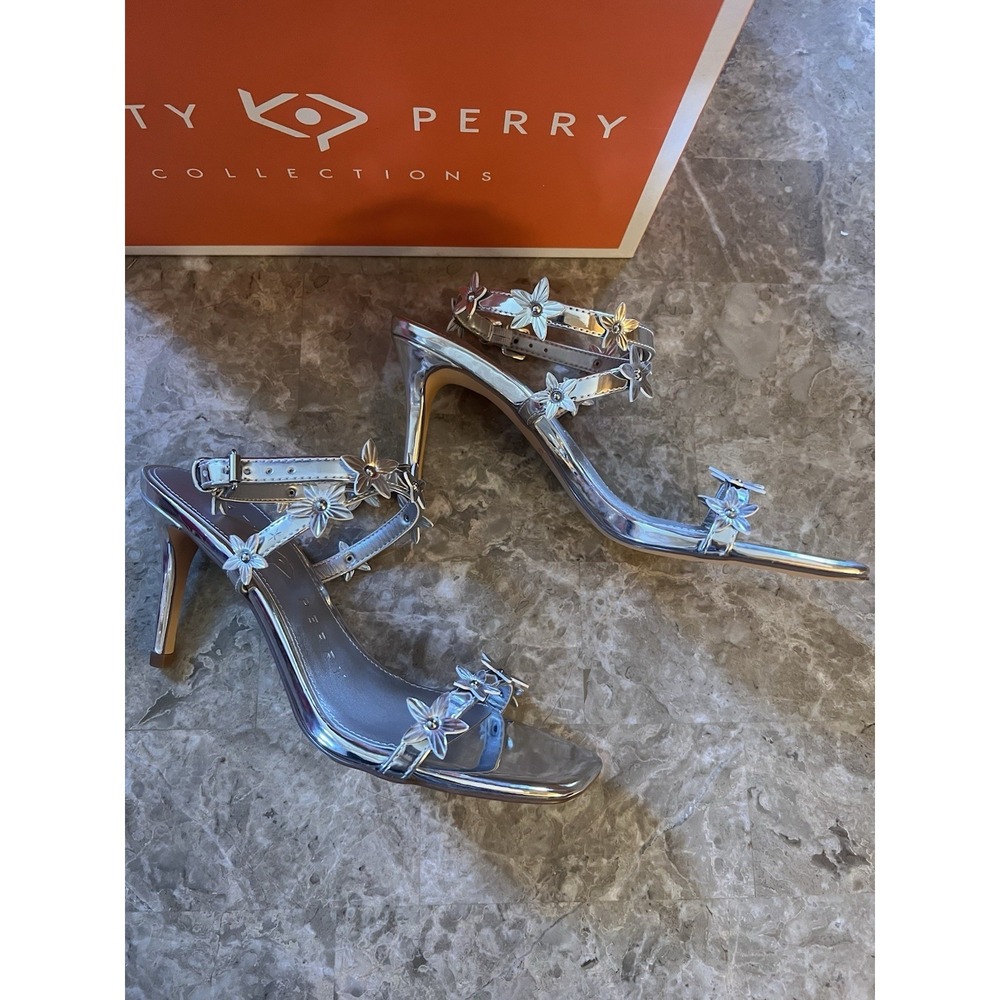 Silver Floral Strappy Heel Women's Size 6.5 NEW NIB Katy Perry Summer Spring Fun - Picture 2 of 6